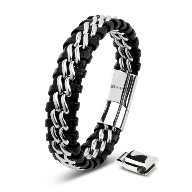 🎁 SERASAR Premium Echtlederarmband für Männer [Steel] in Schwarz | Magnetverschluss aus Edelstahl in Schwarz, Silber & Gold | Inklusive Schmuckschachtel 🎁