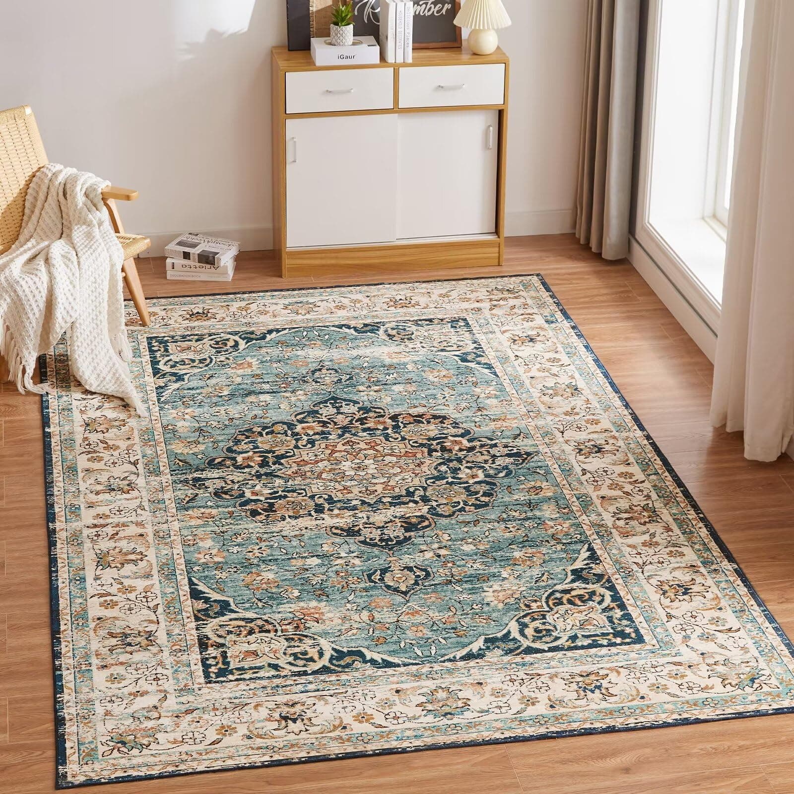 CHOSHOME Waschbarer Teppich Wohnzimmer 120x170CM Vintage Kurzflor Mit Orient Design Groß Weiche für Esszimmer Schlafzimmer rutschfest Kunstwolle Boho In & Outdoor Blau Rug Yinzhang Blue 120x170 Vintage Blau 120x170CM