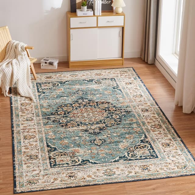CHOSHOME Waschbarer Teppich Wohnzimmer 120x170CM Vintage Kurzflor Mit Orient Design Groß Weiche für Esszimmer Schlafzimmer rutschfest Kunstwolle Boho In & Outdoor Blau Rug Yinzhang Blue 120x170 Vintage Blau 120x170CM