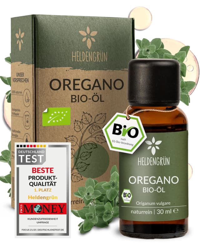 Heldengrün® BIO Oregano Öl [HOCHDOSIERT] mit +82% Carvacrol - Zertifiziertes Lebensmittel zum Einnehmen 🌿