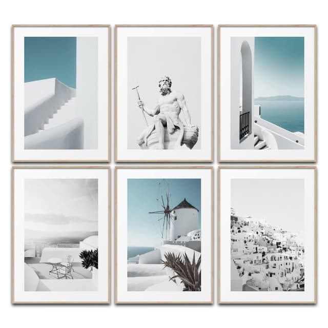 Aesthetic Santorini Wandbilder Wohnzimmer Poster Set - Griechenland Stilvolle Wanddeko in Blau Weiß 😍