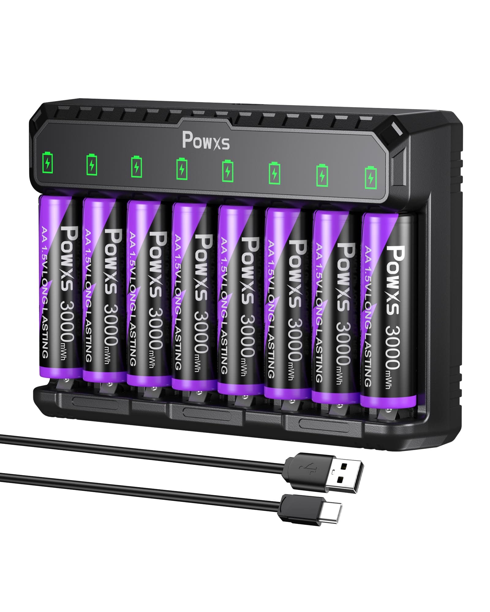 🔋⚡ POWXS Wiederaufladbare AA 8-Pack 1.5V Lithium Batterie mit Ladegerät