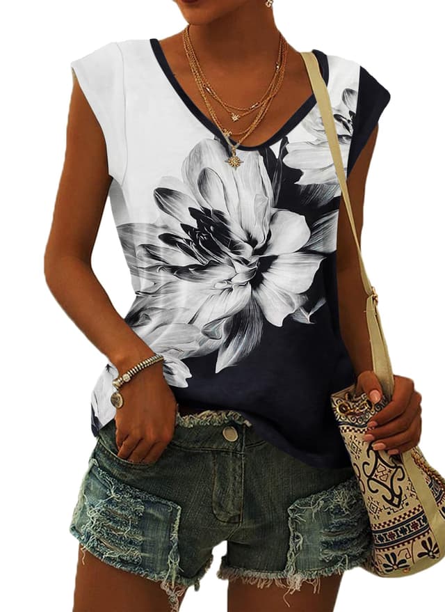 🌺 WNEEDU T-Shirt Damen Sommer V Ausschnitt Tank Top locker Bluse Oberteile Top Sommer Damen Leicht und Luftig mit Flügelärmeln XL 01-schwarze Weiße Blume 🌼