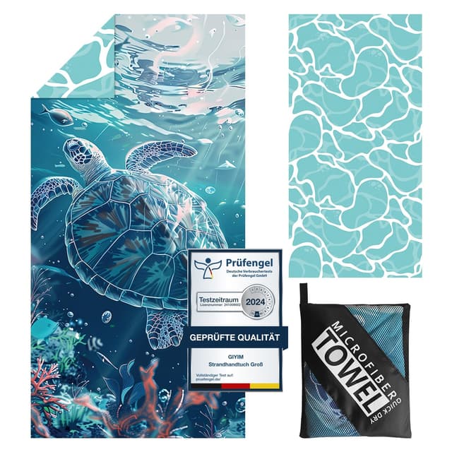 🌊🐢 Großes Strandhandtuch 180 x 100 cm - Mikrofaser mit Tasche