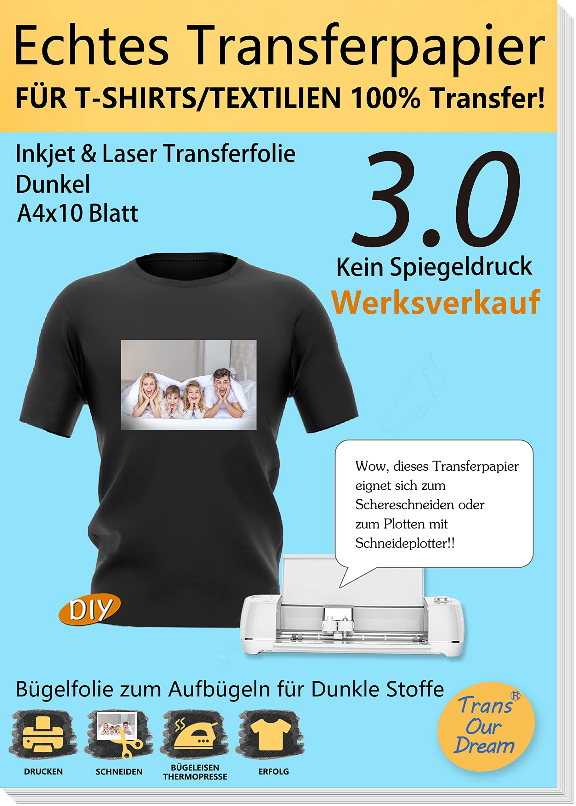 TransOurDream A4X10 (Weisse Folie)+1 A3 Silikonpapier - Dunkle T-Shirt Transferfolie Deal 💕