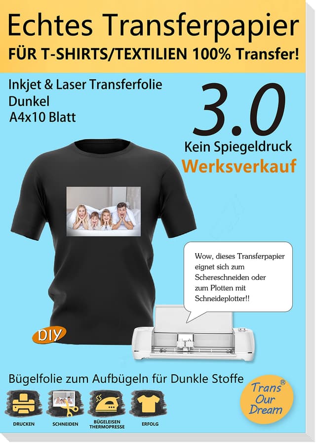 TransOurDream A4X10 (Weisse Folie)+1 A3 Silikonpapier - Dunkle T-Shirt Transferfolie Deal 💕