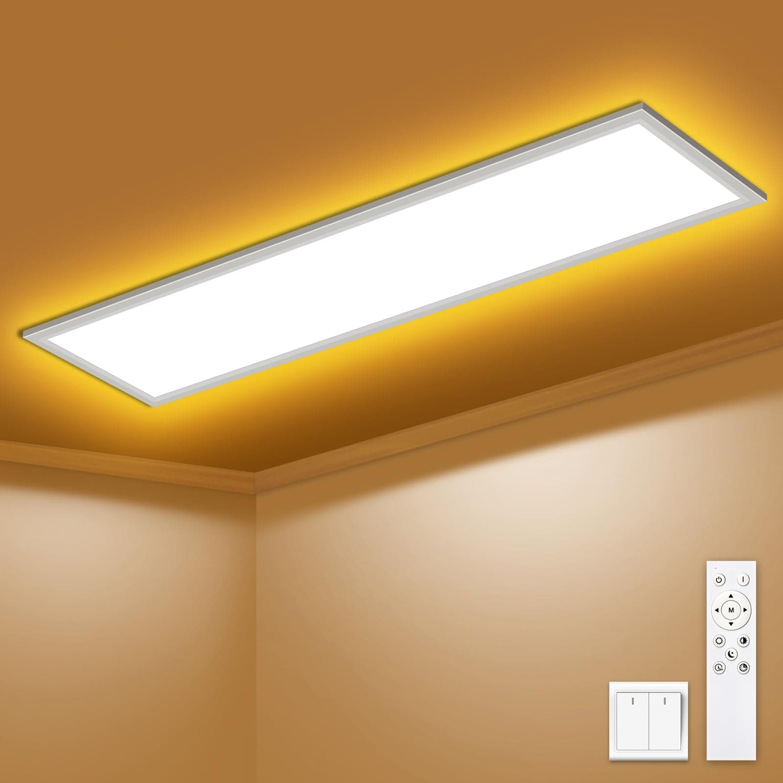 🌟 Angebot des Tages 🌟 SNADER LED Deckenleuchte Dimmbar - LED Panel 100x25cm, 36W 3600LM Deckenlampe mit Fernbedienung 3000K-6500K - Nachtlicht Warm - Deckenleuchte Flach