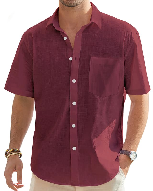 J.VER Leinenhemd Herren Hemd Kurzarm Leinenshirt 🌟 Freizeithemd Businesshemd Sommer Casual Regular Fit Shirt Bordeauxrot XL