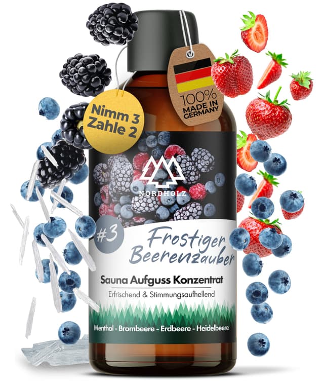 NORDHOLZ® Saunaaufguss [54 Sorten 15ml, 100ml, 250ml] - Sauna Aufgussmittel für intensive & erholsame - Sauna Zubehör (#3 Frostiger Beerentraum, 100ml) 100ml