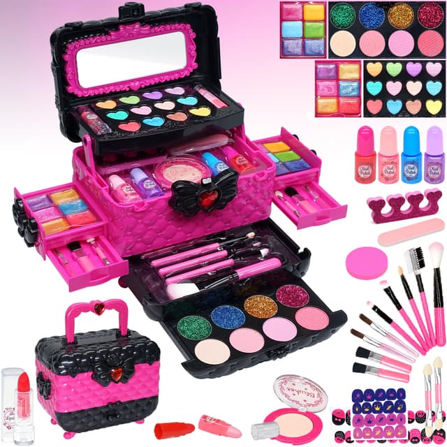 Kinderschminke Set Mädchen Schminkkoffer Kinder- Sicheres und Waschbares Schminke Kinder, Echtes Make Up Set , Prinzessin Geschenke für Mädchen 4 5 6-12 Jahre(Rose) Schminkkoffer-Rose