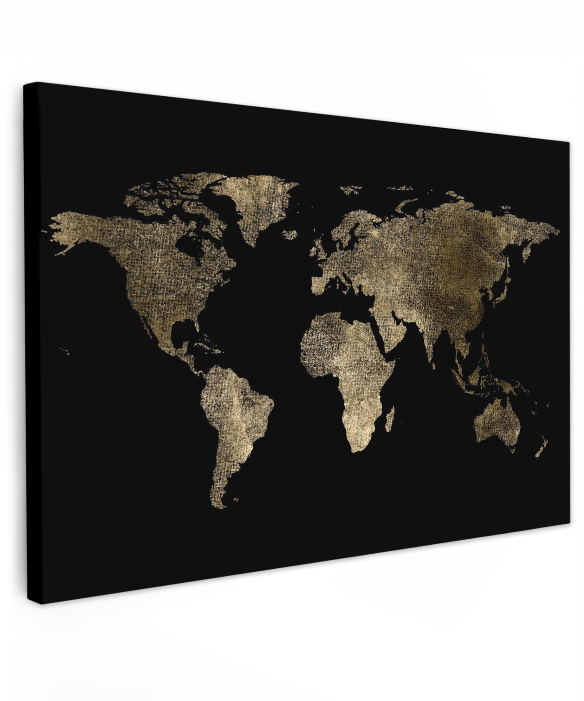 MuchoWow© Wandbilder Groß 120x80 cm XXL 🌍🖼️ Luxus Weltkarte Gold-Schwarz Bild - Wanddeko Schlafzimmer Wohnzimmer - Deko Wall Art