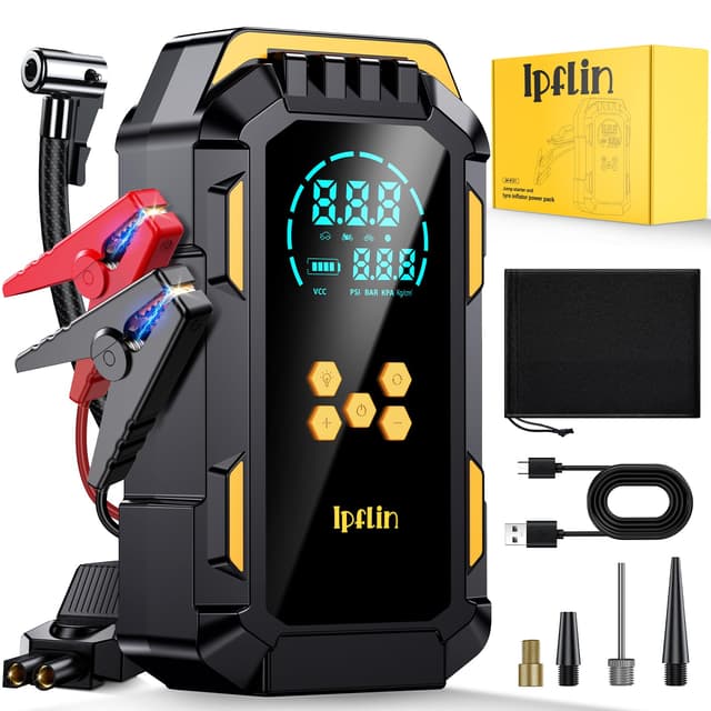 🔋🚗 Starthilfe Powerbank mit Elektrische Luftpumpe, Auto Starthilfe 150 PSI, 4000A Auto Starthilfe Powerbank für 9L Gas/8L Diesel, Auto Starter Power Pack mit Jump Leads, 3 Licht, LCD-Anzeige Schwarz