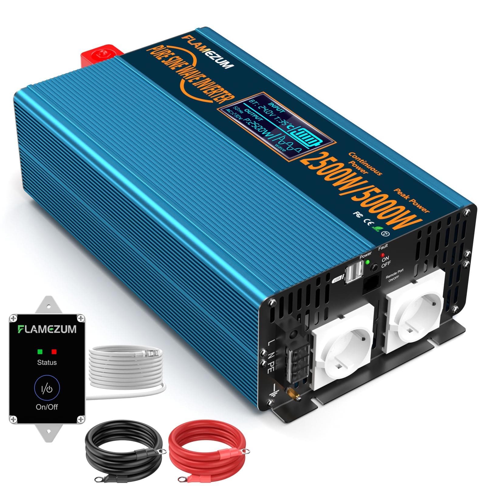 🔋🔌 2500W Reiner Sinus Wechselrichter DC 12V auf AC 230V mit USB-Anschlüssen und Fernbedienung