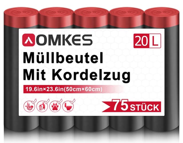 🗑️ AOMKES Müllbeutel 20l 75 Stück mit Zugband Schwarz