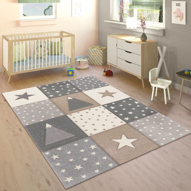 🌟🎨 Paco Home Teppich Kinderzimmer 3D Effekt Modern Berge Sterne Punkte, Grösse 80x150 cm Braun 🌈