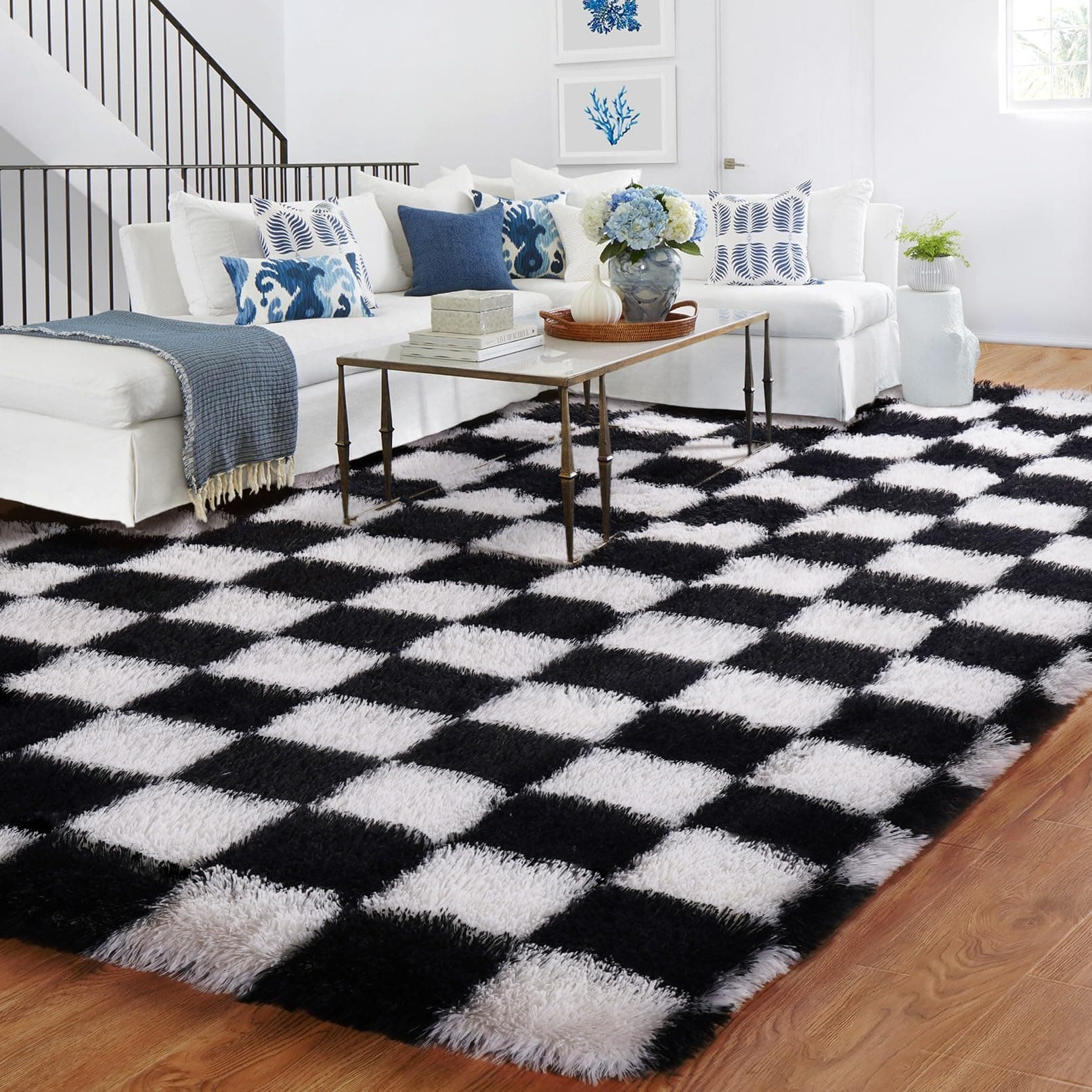 BYBSRLL Kariert Hochflor Teppich Schwarz Weiss Teppiche Wohnzimmer 90x150 Antirutsch Waschbare Kleiner Weich Flauschig Schlafzimmer Teppich Kinderzimmer Mädchen Jungen