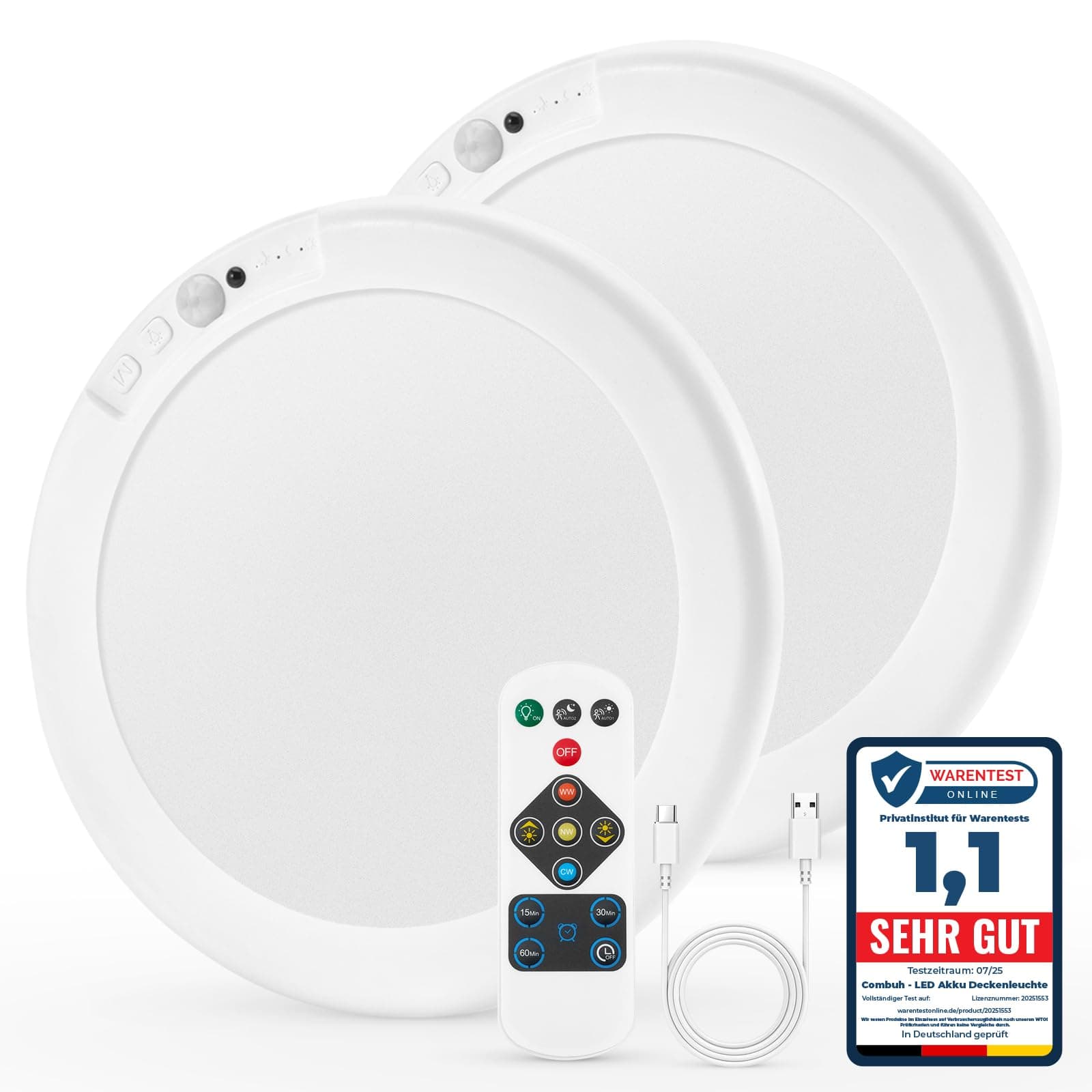 🌟 LED Akku Deckenleuchte Badezimmer mit Bewegungsmelder - 2er Set