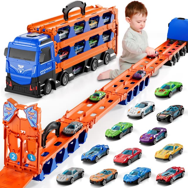 🚗 Doloowee Katapulttriebwagen für Kinder Ab 3 Jahre 🏁 Tragbare Transport LKW Mit 12 Mini-Rennwagen 🚚 Autotransporter für Jungen im Alter von 3-7 Jahren Blau