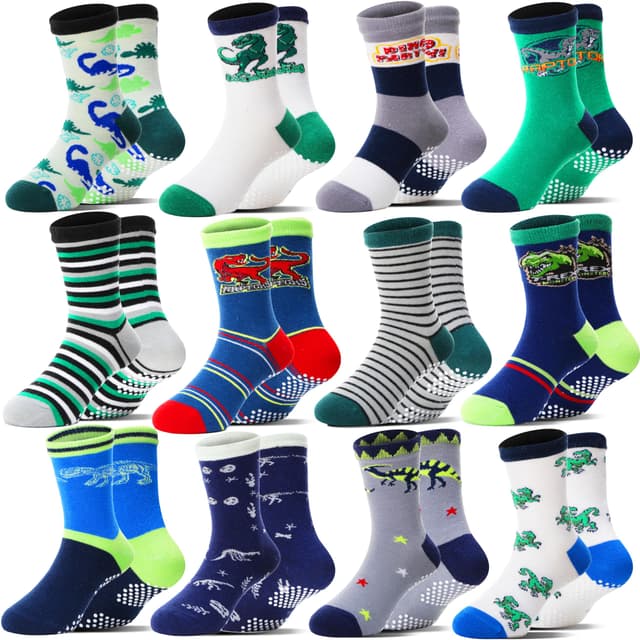 🦕🧦 Welwoos 12 Paare Stoppersocken Kinder Baby Jungen Antirutschsocken Kinder Anti Rutsch Rutschfeste Baumwolle Socken 26-28 Dinosaurier