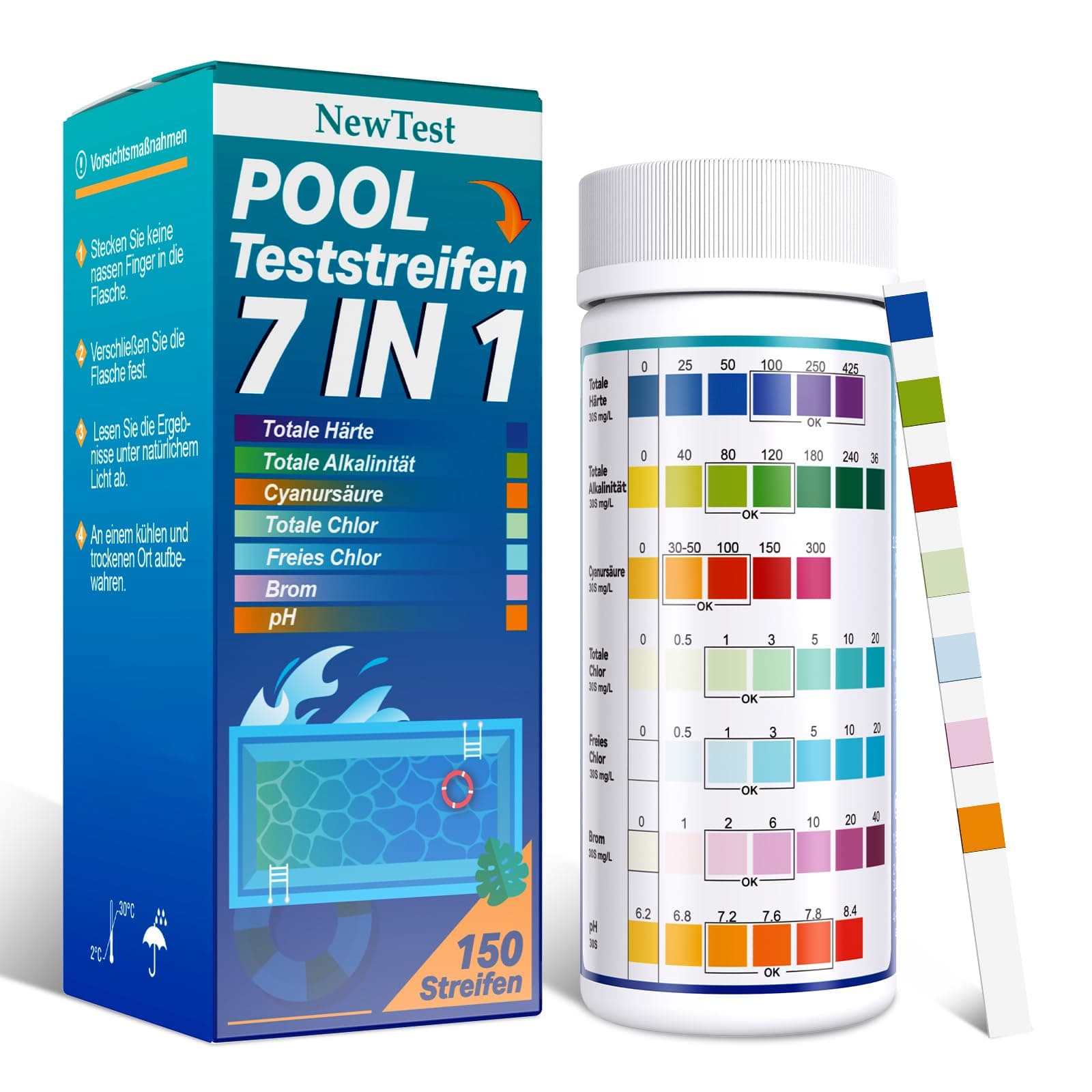 🏊‍♂️🌊 NewTest Pool Teststreifen 7-in-1-150 Streifen - Pool Wasser Tester pH und Chlor für Pool Whirlpool Spa 7 in 1