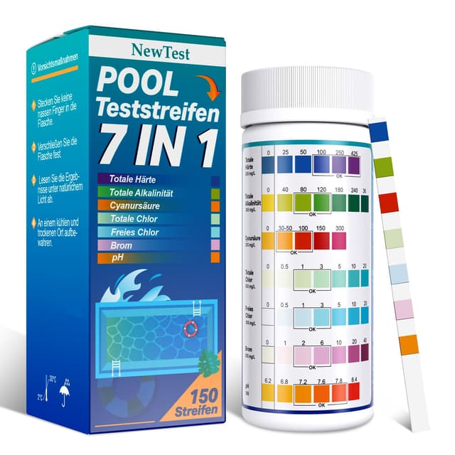 🏊‍♂️🌊 NewTest Pool Teststreifen 7-in-1-150 Streifen - Pool Wasser Tester pH und Chlor für Pool Whirlpool Spa 7 in 1