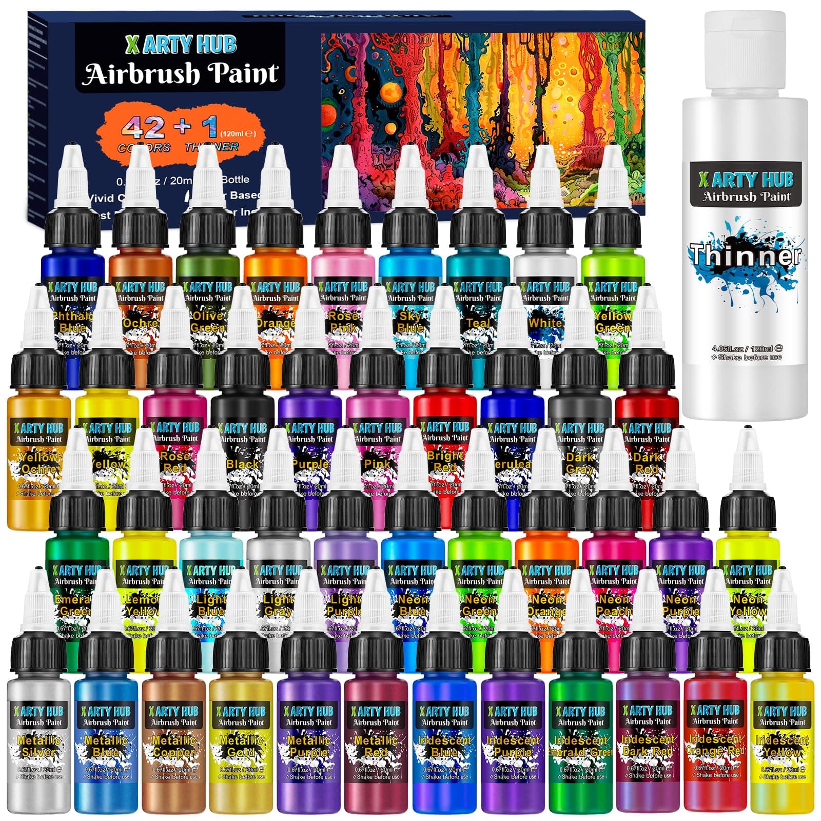 X ARTY HUB Airbrush Farben Set - 42 Farben mit 120 ml Verdünnern 🎨🖌️