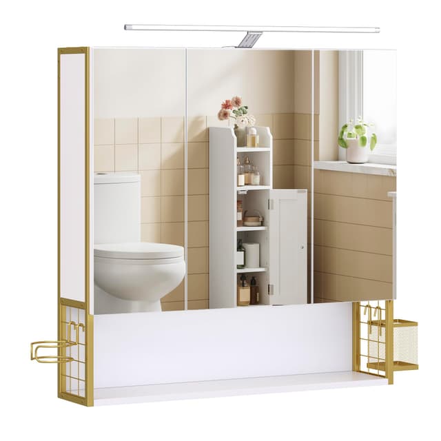 VASAGLE Badezimmerschrank mit LED-Beleuchtung, 14,5 x 70 x 70 cm, wolkenweiß-grüngoldfarben BBK124A10 Weiß + Gold 🌟