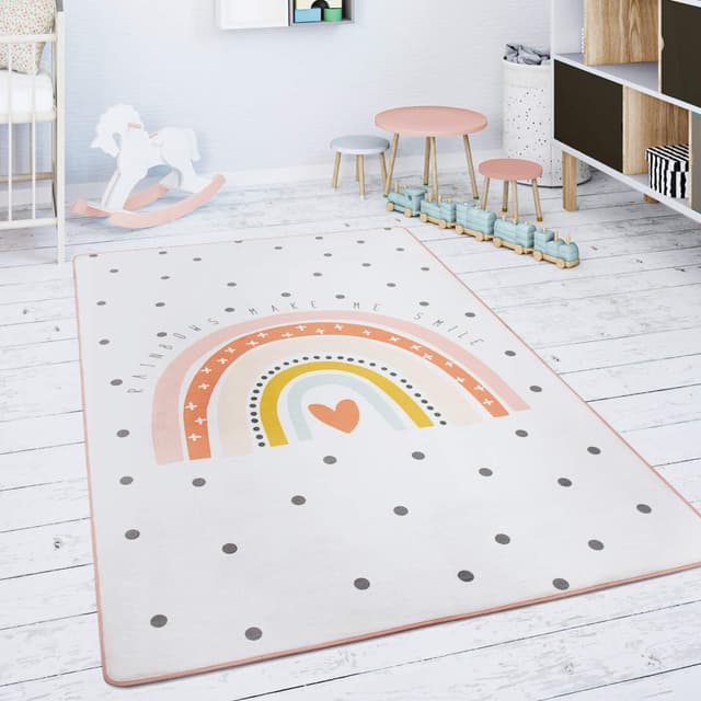 🌈🦄 Paco Home Kinderteppich Teppich Kinderzimmer Spielmatte Babymatte rutschfest Modern Tiere Regenbogen Herz, Grösse:120x160 cm, Farbe:Creme 120 x 160 cm (Rechteckig) Creme