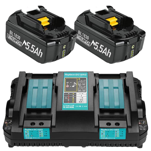 2 Stück 18V 5.5Ah Ersatzakku + 6A DC18RD Dual Port Ladegerät für Ma-Kita 14.4V-18V BL1830 BL1850 BL1860 BL1840 BL1830B etc Werkzeugakku und DC18RC DC18RD DC18SF DC18RA DC18RF Ladegerät 5.5Ah+Ladegerät Akku