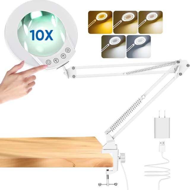 Mandland 10X Lupe mit Licht und Klemme 🌟 Freihändige Schreibtischlampe für Hobbys und Naharbeit