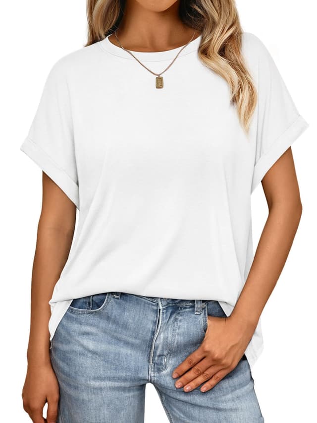Cuptacc Tshirt Damen Rundhalsausschnitt Kurzarm Oversize T Shirt Sommer Casual Flügelärmel Top Damen Locker Weiß XL 😍👚