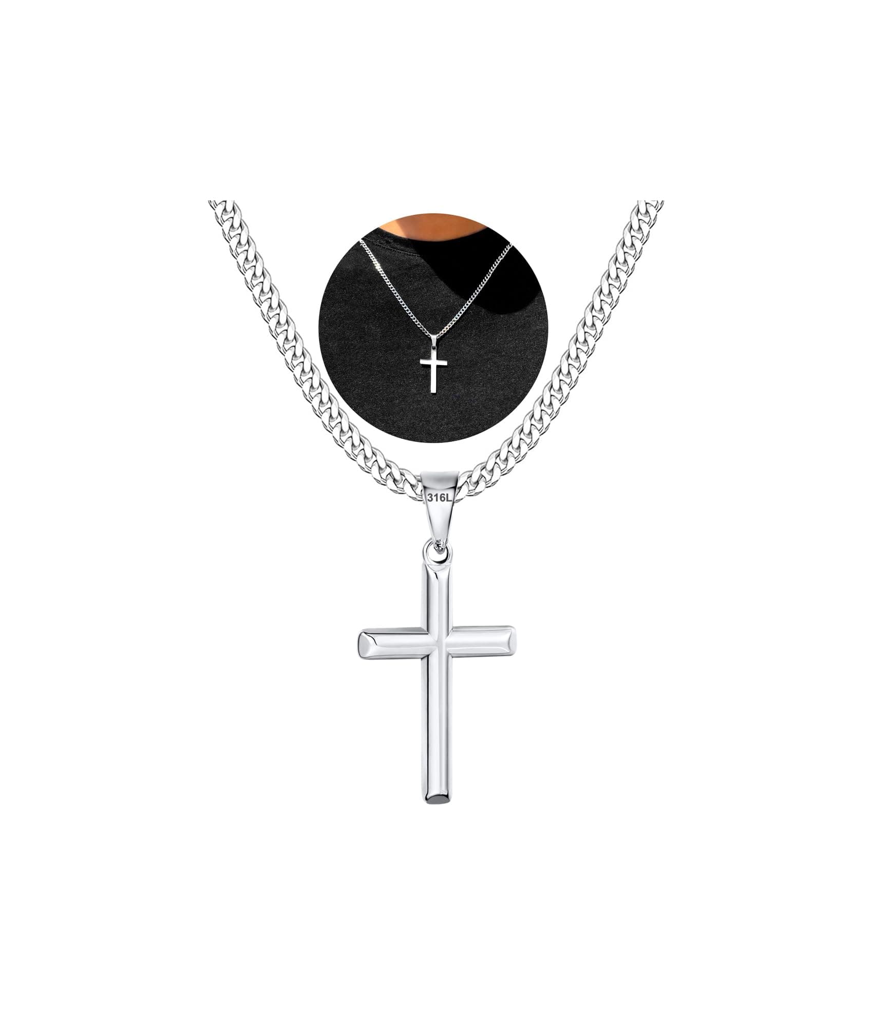 Esrael 316L Edelstahl Kreuz Kette Halskette für Männer Jungen 20Zoll Silber