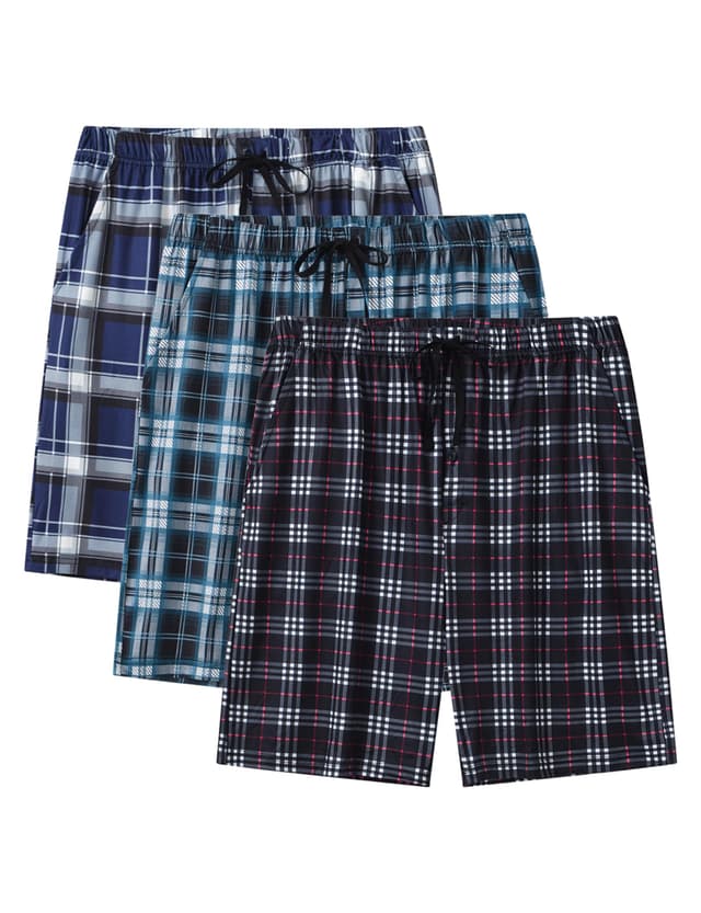 🌙 AjezMax Herren 3er Pack Schlafanzughose Kurz Baumwolle Kariert Pyjamahose Shorty Sommer Nachtwäsche Schlafshorts mit Taschen