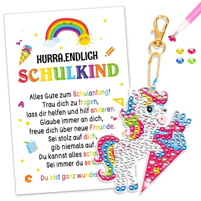 Einhorn Geschenke zur Einschulung Mädchen - DIY Diamant Painting Schlüsselanhänger