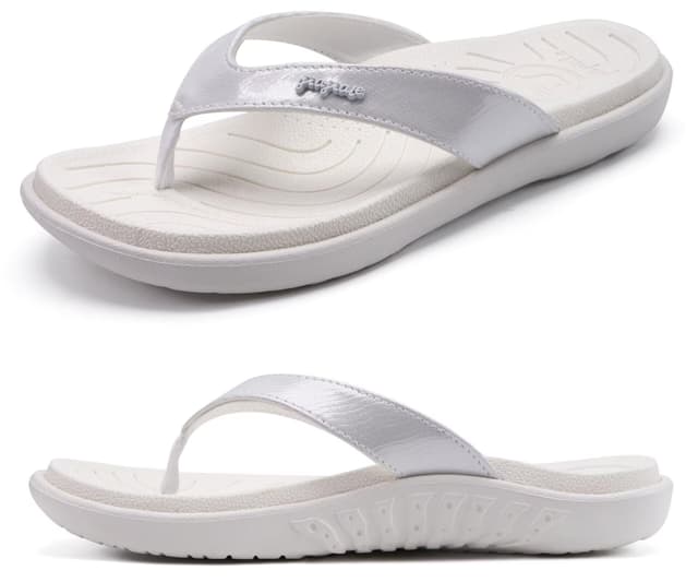 🌟 Jiajiale Flip Flops Damen - Mode Orthopädische Leder Stoff Leicht Zehentrenner Frauen Bequeme Yoga Fußbett Badelatschen Sommer Strand Rutschfest Feste Gummi Sohle 43 EU Weiß Angebot!
