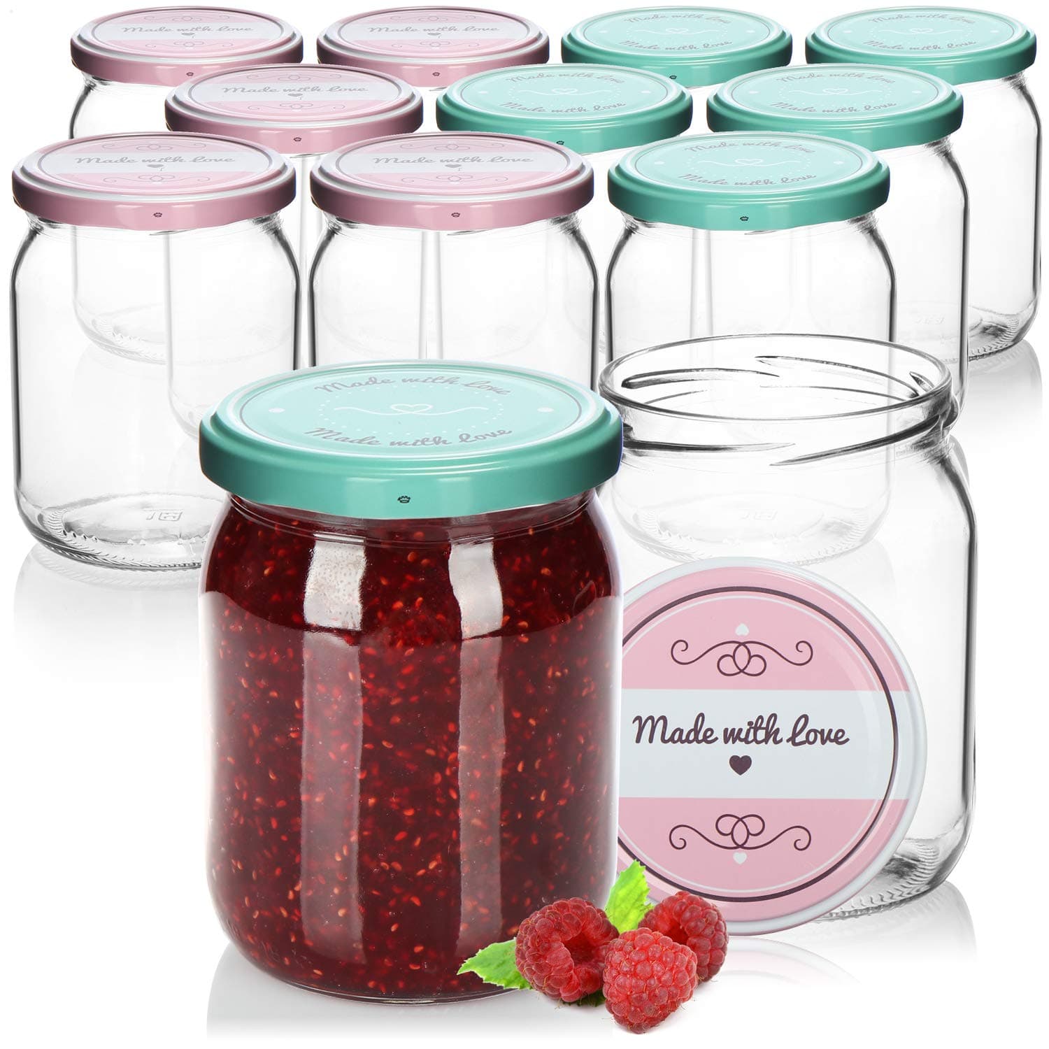 com-four® 12x Einmachgläser mit Schraub-Deckel 'Made with love' - Tolles Design in Grün und Rosa 🌺