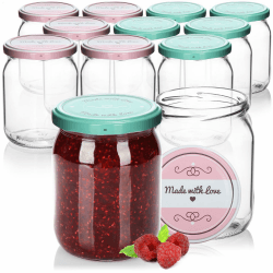 com-four® 12x Einmachgläser mit Schraub-Deckel 'Made with love' - Tolles Design in Grün und Rosa 🌺