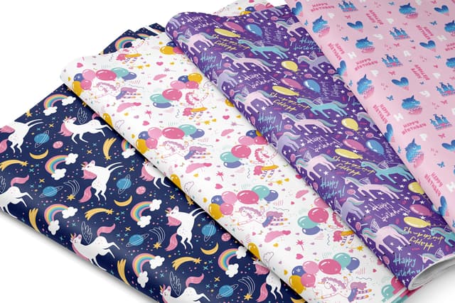 🌈🦄 AIM & GGKK Einhorn Geschenkpapier | 8 Blatt 50 x 70 cm | Mädchen Lila Rosa Einhorn Regenbogen