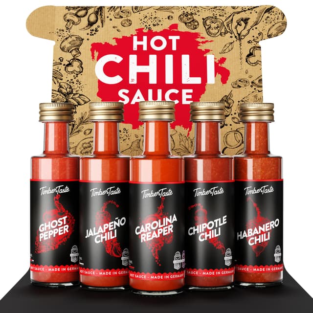 🔥 TIMBER TASTE® Chili Sauce Geschenkset [5 x 40 ml] - Hot Soße Chili Set 🌶️