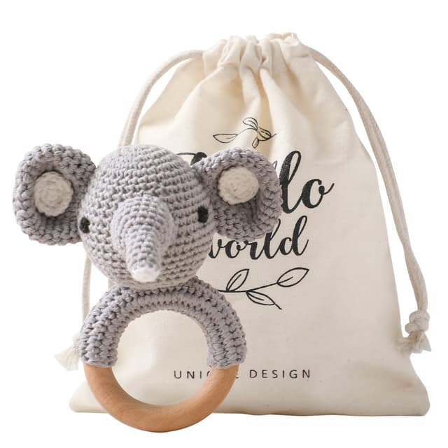 🎁 Mamimami Home Gehäkelte Babyrassel Häkeln Holz Greifling Baby Rassel Geschenk zur Geburt Handmade Junge und Mädchen (Elefant) - Normal Modell Elefant