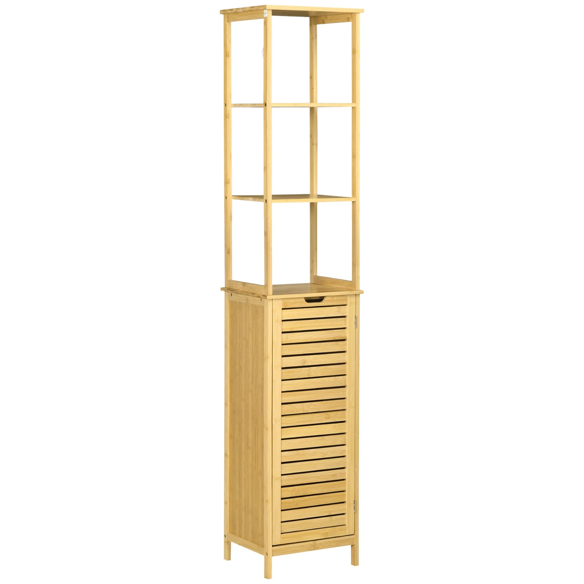🌿Kleankin Badezimmerschrank Bambus Hochschrank mit 3 offenen Fächern und 1 Schrank 34x30x173cm