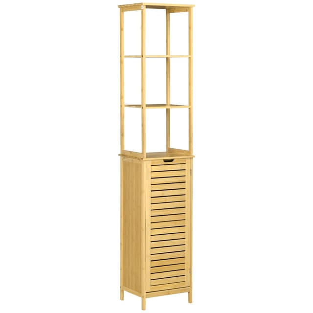 🌿Kleankin Badezimmerschrank Bambus Hochschrank mit 3 offenen Fächern und 1 Schrank 34x30x173cm