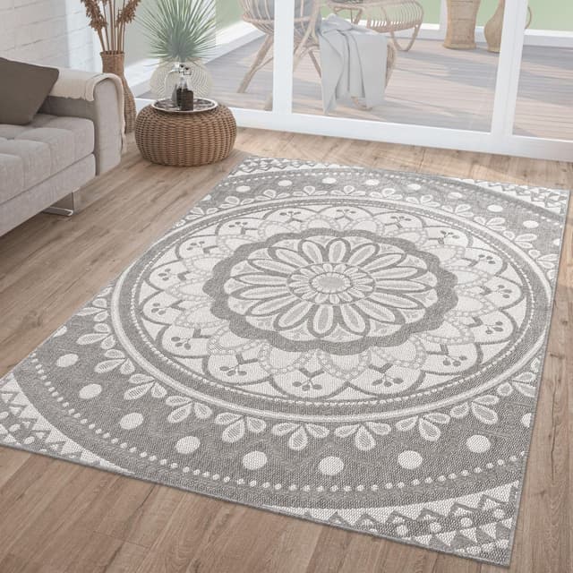 🌟 Exklusives Angebot! TT Home In-& Outdoorteppich - Wetterfest & Garten - Grau Weiß - 240x340 cm