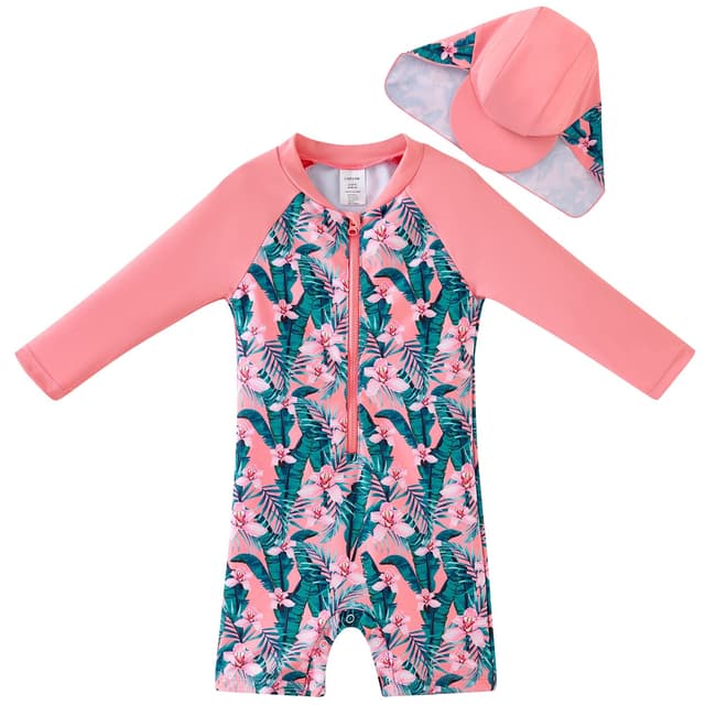 UMLOK Baby Badebekleidung Mädchen Badeanzug mit Sonnenhut UV Schutz 3-6 Monate Tropische Pflanze, Rosa 🌴👶