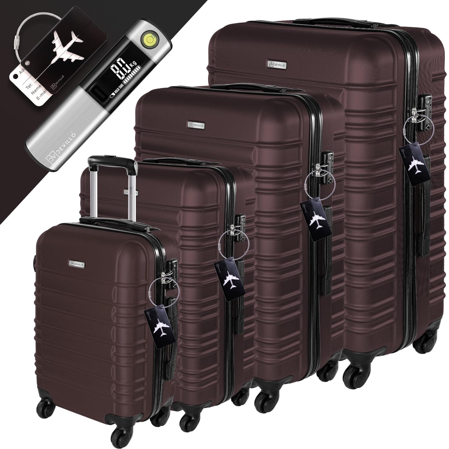 Devillo® Hartschalenkofferset Kofferset 4tlg. S-M-L-XL, Braun 🧳 - Hard Shell Trolley Koffer Reisekoffer 🧳