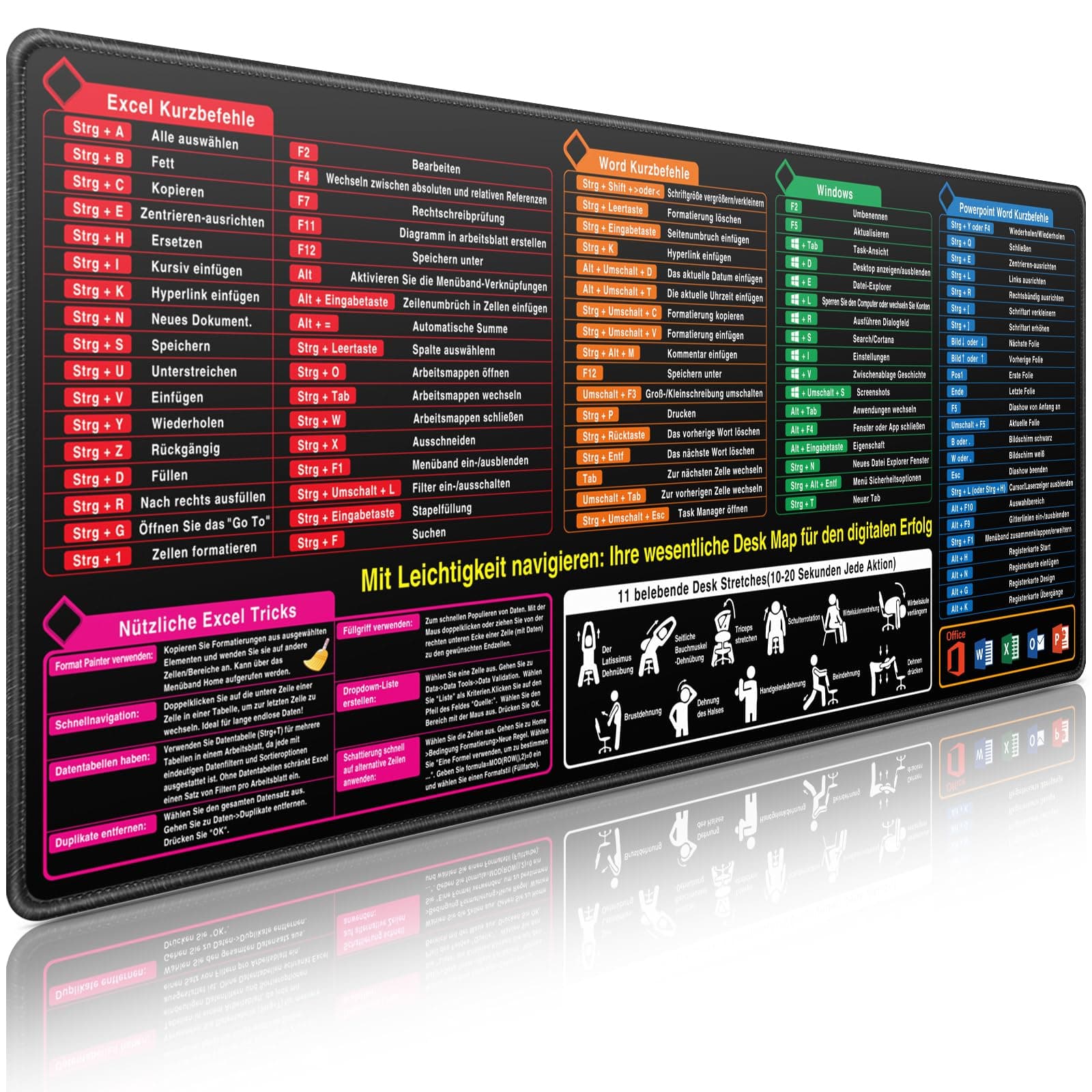 Mauspad XXL, Excel Shortcuts Mousepad Deutsch 900 x 400mm