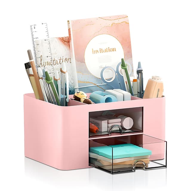 Lenfuos Schreibtisch Organizer mit 2 Schubladen, 360 Grad drehbarer Büro-Organizer Stifthalter, Platzsparendes Desk Organizer 🖋️