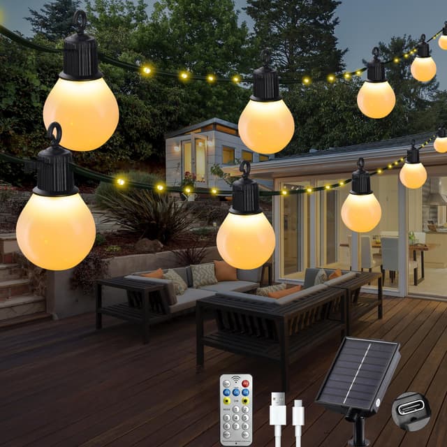 Tacobey Solar Lichterkette Außen 🌞 Warmweiß Mit 16 G50 Glühbirnen - 8M 80 LED Solar/USB Lichterkette Aussen Garten