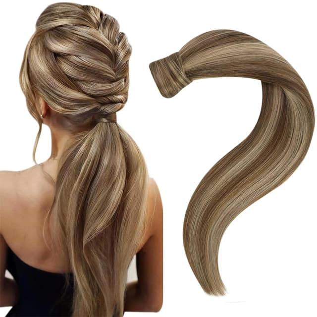 🌟 Easyouth Zopf Extensions Echthaar Clip in Ponytail Extension 🌈 50 cm Farbe Dunkleres Braunes Highlight mit Honigblond 80g Real Human Haar Pferdeschwanz Extension #4P27