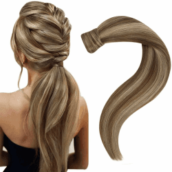 🌟 Easyouth Zopf Extensions Echthaar Clip in Ponytail Extension 🌈 50 cm Farbe Dunkleres Braunes Highlight mit Honigblond 80g Real Human Haar Pferdeschwanz Extension #4P27